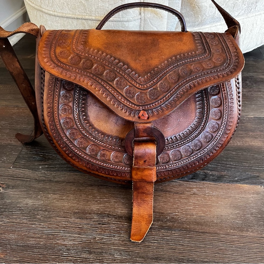 Handmade Brown Tooled Leather Crossbody Saddle Bag Made in Mexico NEW - Picture 10 of 14
